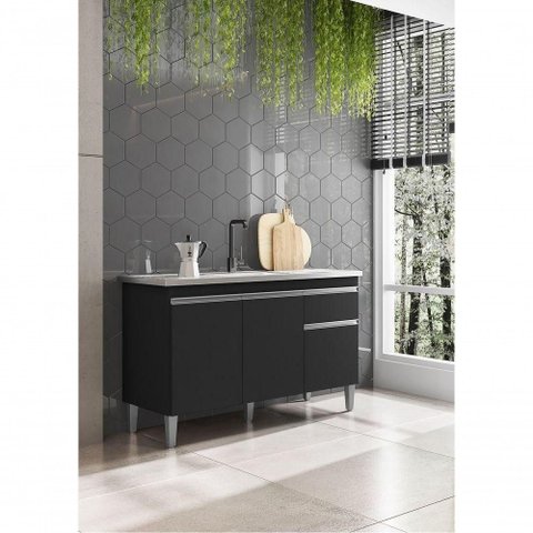Balcão Gabinete de Pia Tatiane 3 Portas 1 Prateleira MDP 118cm Preto