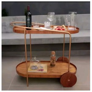 Carrinho Bar Adega Oval com 2 Prateleiras Aço Dourado com Madeira Laminada