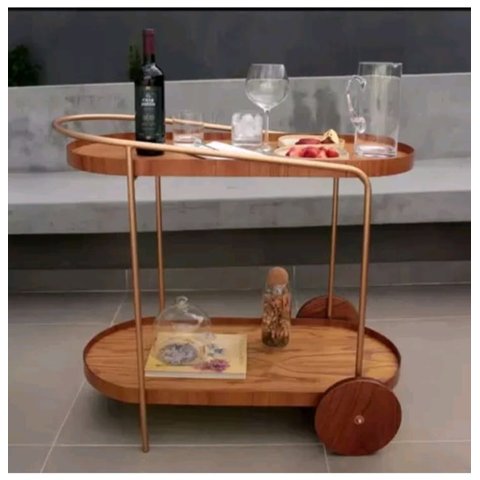 Carrinho Bar Adega Oval com 2 Prateleiras Aço Dourado com Madeira Laminada