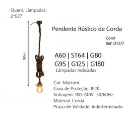 Pendente Lustre Luminária Rústico Corda 2 Lâmpadas 1,80m - 3