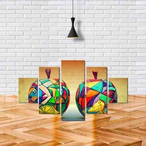 Quadro Decorativo 5 Partes Duas Maçãs Coloridas Arte Cor da armação:Marrom-claro;Cor:Colorido - 2