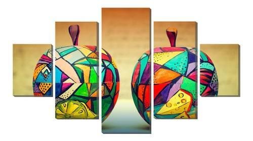 Quadro Decorativo 5 Partes Duas Maçãs Coloridas Arte Cor da armação:Marrom-claro;Cor:Colorido - 1