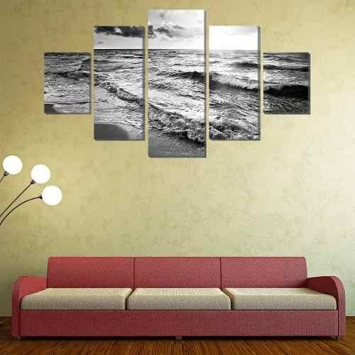 Quadro Decorativo 5 Partes Imagem Mar Da Praia Noite Pb Cor da armação:Marrom-claro;Cor:Preto e - 2