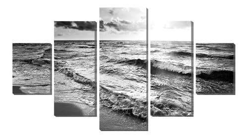 Quadro Decorativo 5 Partes Imagem Mar Da Praia Noite Pb Cor da armação:Marrom-claro;Cor:Preto e - 1