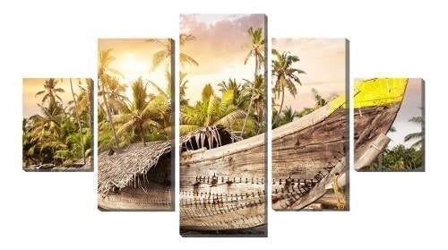 Quadro Decorativo 5 Partes Canoa De Palha Na Praia Cor da armação:Marrom-claro;Cor:Palha - 1