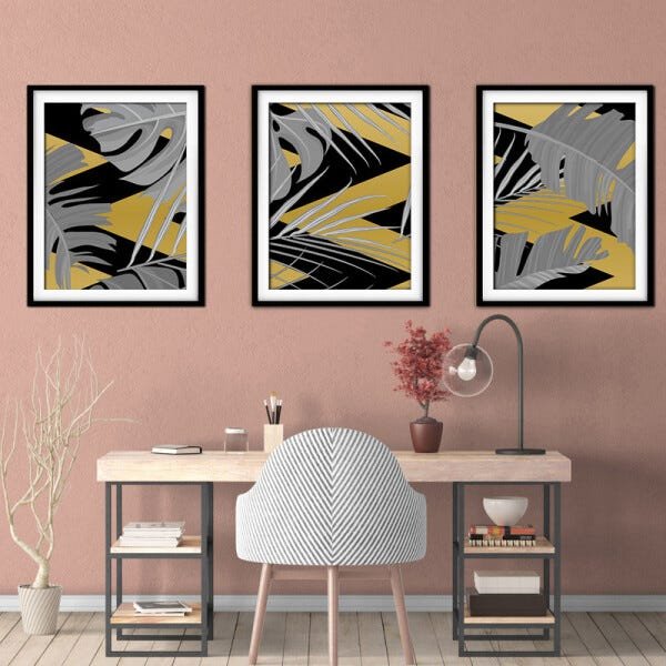 Quadro Decor Délicat Preto 30x66 Folhas Tropicais Mod 06 - 2