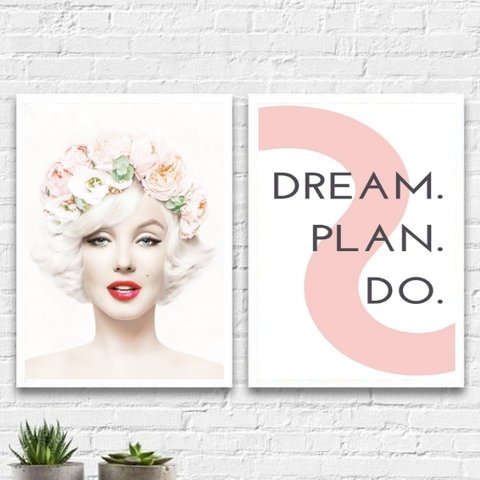 Kit 2 Quadros Marilyn Dream Plan Do 33x24cm - com vidro:Madeira branca