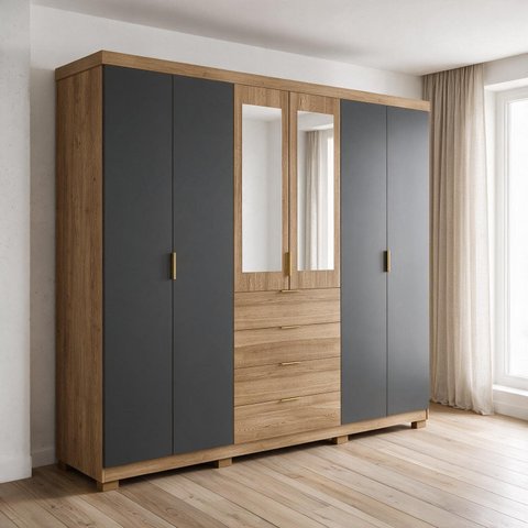 Guarda-Roupa Casal 2,6 m Doha Gold 6 Portas MDF c/ Espelho Moderno Quarto Organização Elegante
