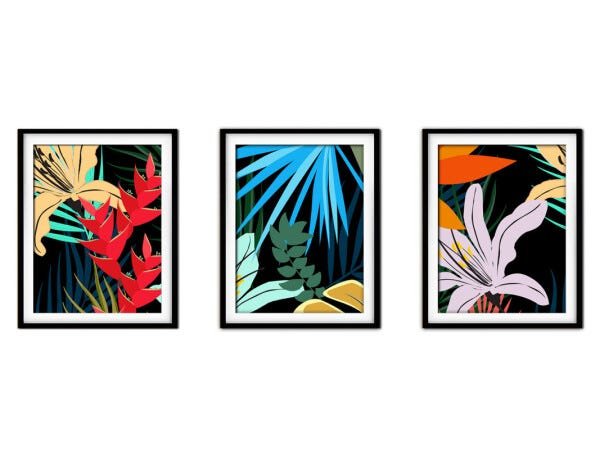 Quadro decor délicat preto 30x66 folhas tropicais mod 200 - 1