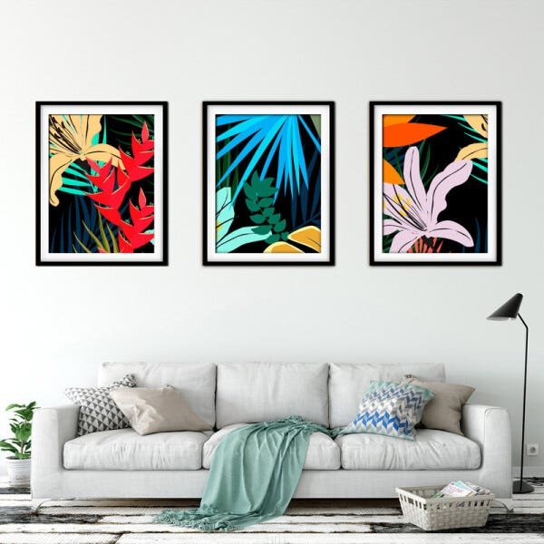 Quadro decor délicat preto 30x66 folhas tropicais mod 200 - 2