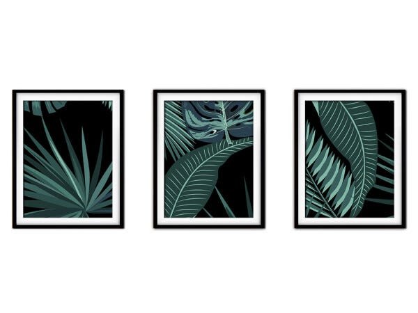 Quadro decor délicat preto 30x66 folhas tropicais mod 162 - 1