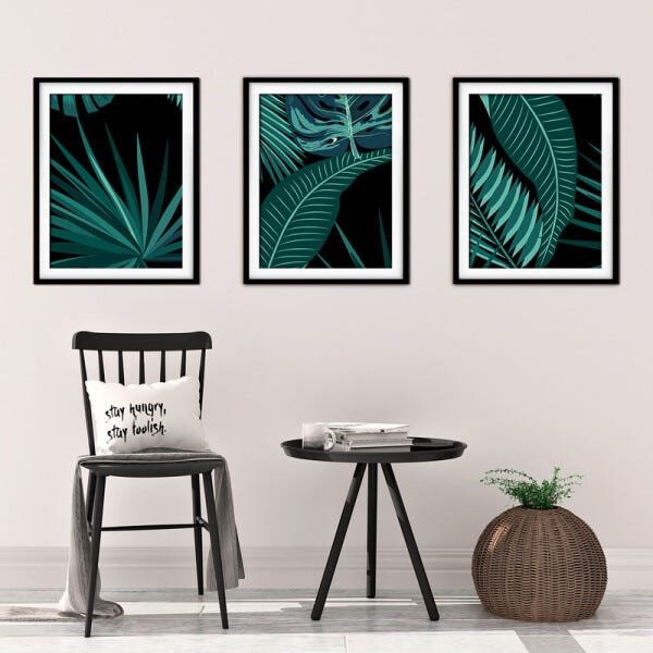 Quadro decor délicat preto 30x66 folhas tropicais mod 162 - 2