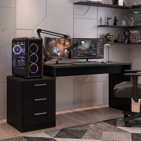 Escrivaninha Mesa Gamer com Gaveteiro 3 Gavetas 54 x 178cm Flex Preta DRX5000