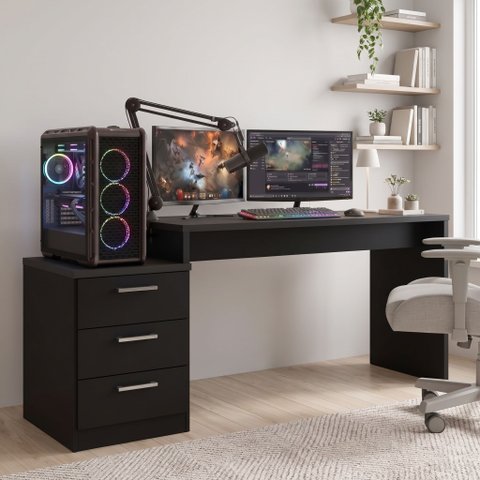 Escrivaninha Mesa Gamer com Gaveteiro 3 Gavetas 54x178cm Flex Preta DRX5000