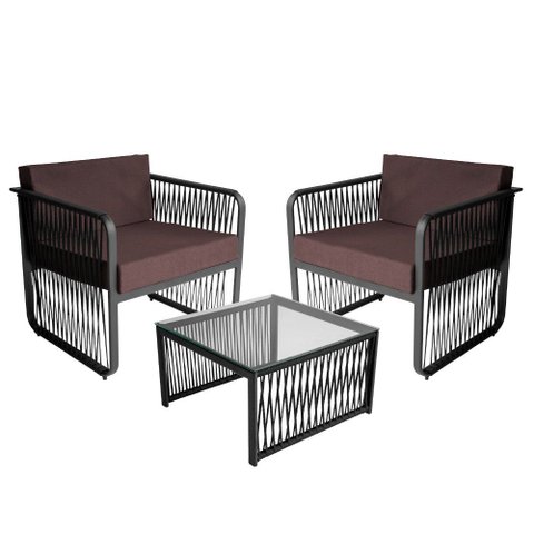 Conjunto 2 Poltronas e 1 Mesa de Centro Santiago em Alumínio e Corda Náutica Acesse Móveis