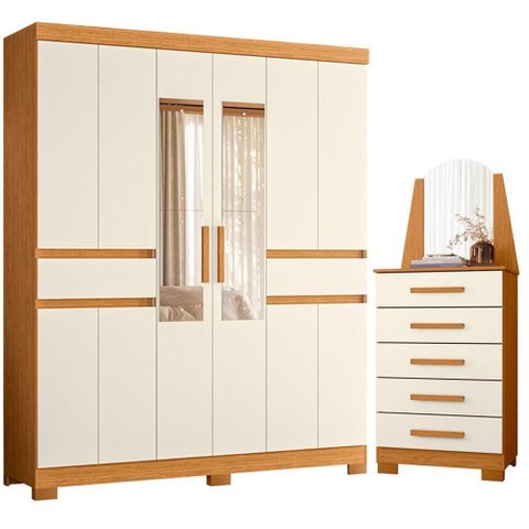 Guarda Roupa Casal Olimpia 10 Portas com Espelho e Cômoda New Veneza Cinamomo Off White - Móveis