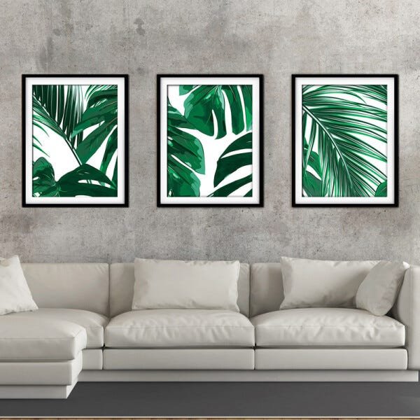 Quadro decor délicat preto 30x66 folhas tropicais mod 98 - 2
