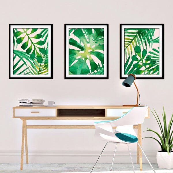 Quadro decor délicat preto 30x66 folhas tropicais mod 94 - 2