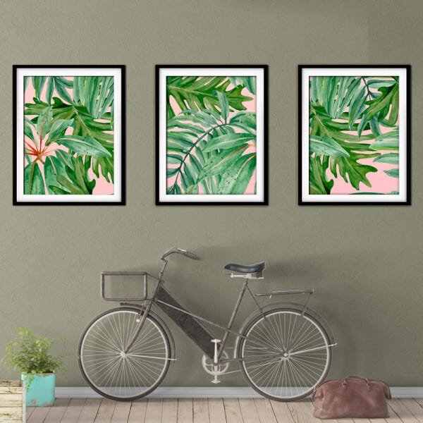 Quadro decor délicat preto 30x66 folhas tropicais mod 97 - 2