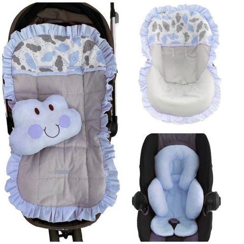 Capa de Carrinho + Bebê Conforto + Redutor Nuvens Azul