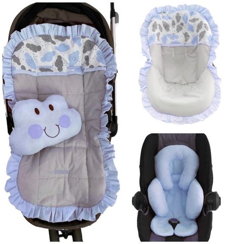 Capa De Carrinho + Bebê Conforto + redutor nuvens azul