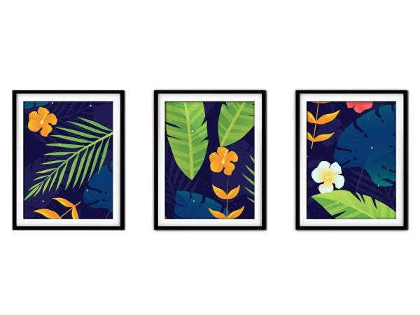 Quadro decor délicat preto 30x66 folhas tropicais mod 87 - 1