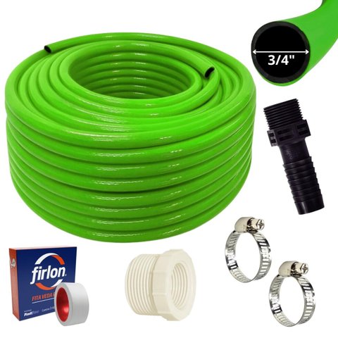 Mangueira 25M Para Bomba D'água 3/4" + Adaptador C/Rosca +  Bucha Redução + Abraçadeira + Veda Rosca