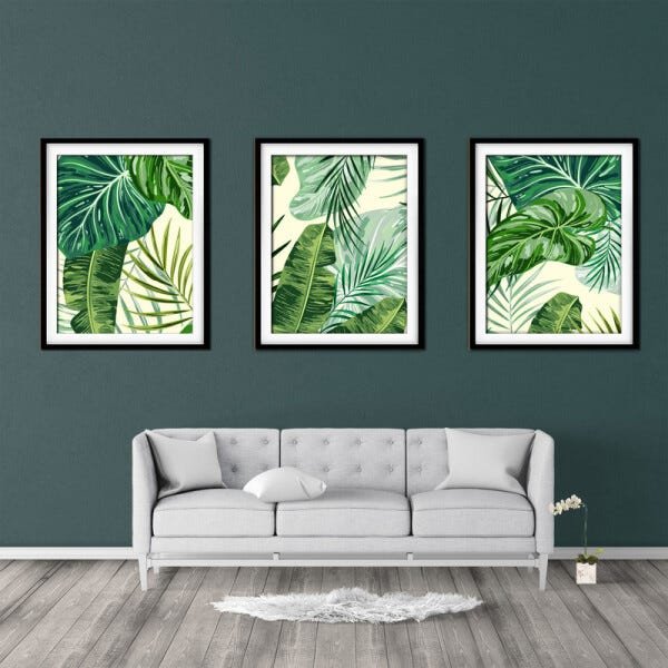 Quadro decor délicat preto 30x66 folhas tropicais mod 72 - 2