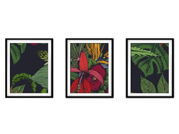 Quadro decor délicat preto 30x66 folhas tropicais mod 59 - 1