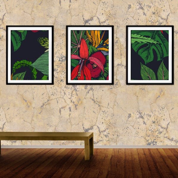 Quadro decor délicat preto 30x66 folhas tropicais mod 59 - 2