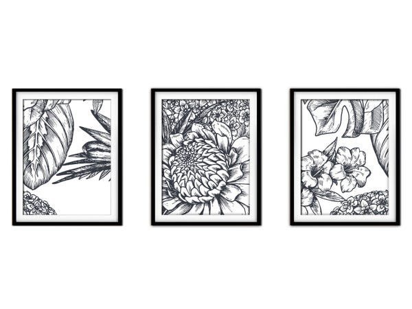 Quadro decor délicat preto 30x66 folhas tropicais mod 57 - 1