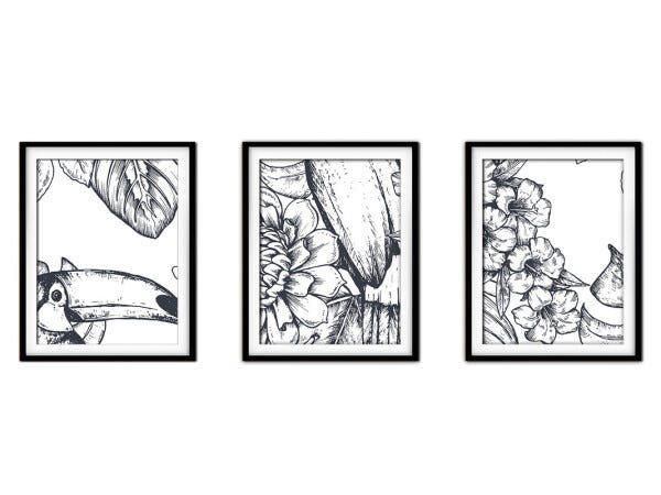 Quadro decor délicat preto 30x66 folhas tropicais mod 32 - 1