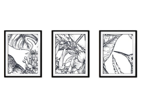 Quadro decor délicat preto 30x66 folhas tropicais mod 31 - 1