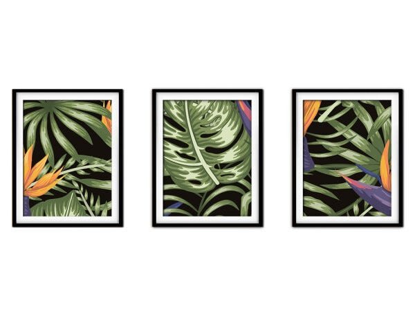 Quadro decor délicat preto 45x96 folhas tropicais mod 180 - 1