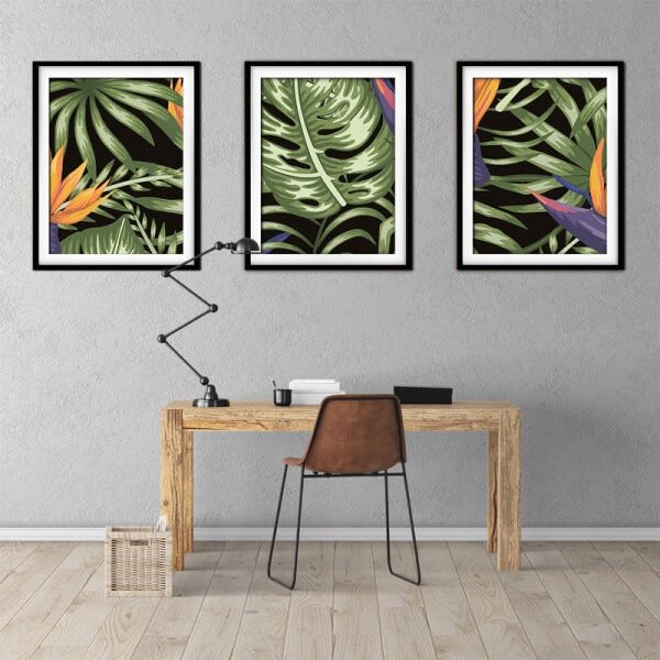 Quadro decor délicat preto 45x96 folhas tropicais mod 180 - 2