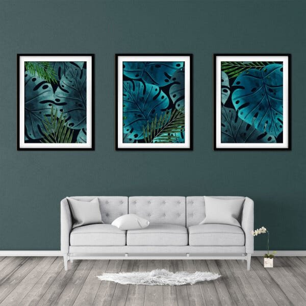 Quadro decor délicat preto 45x96 folhas tropicais mod 115 - 2