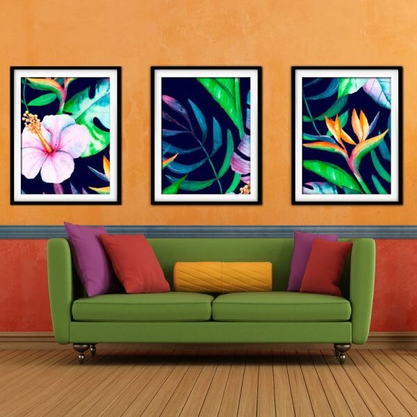 Quadro decor délicat preto 45x96 folhas tropicais mod 114 - 2
