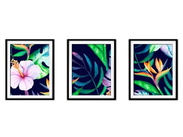 Quadro decor délicat preto 45x96 folhas tropicais mod 114 - 1