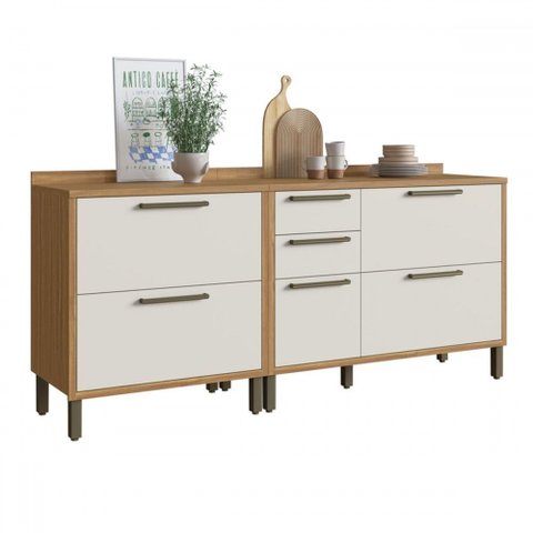 Armário de Cozinha Modulada com Balcão e Tampo 3 Portas 4 Gavetas Ágata 100% Mdf Vidro Reflecta Amên