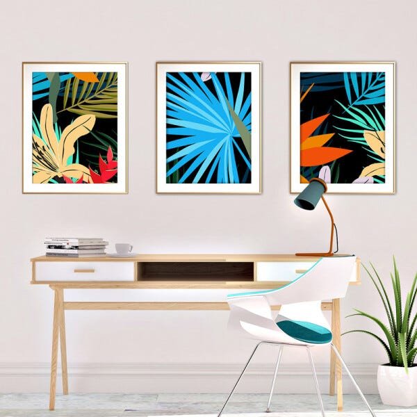 Quadro mdf délicat dourado 68x126 folhas tropicais mod 161 - 2
