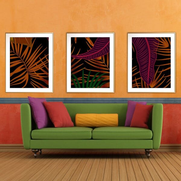Quadro mdf délicat dourado 68x126 folhas tropicais mod 156 - 2