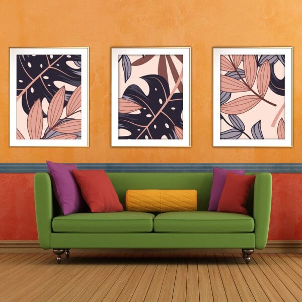 Quadro mdf délicat dourado 55x110 folhas tropicais mod 185 - 2