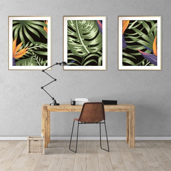 Quadro mdf délicat dourado 55x110 folhas tropicais mod 177 - 2