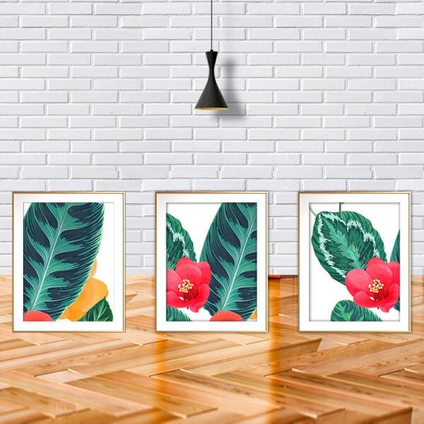 Quadro mdf délicat dourado 55x110 folhas tropicais mod 146 - 2