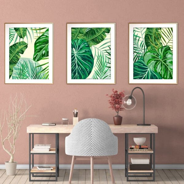 Quadro mdf délicat dourado 55x110 folhas tropicais mod 136 - 2