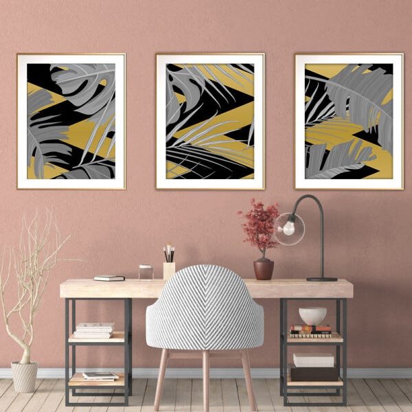 Quadro mdf délicat dourado 55x110 folhas tropicais mod 06 - 2