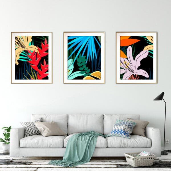 Quadro mdf délicat dourado 45x96 folhas tropicais mod 197 - 2