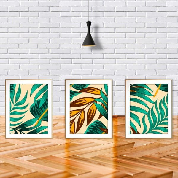 Quadro mdf délicat dourado 45x96 folhas tropicais mod 190 - 2