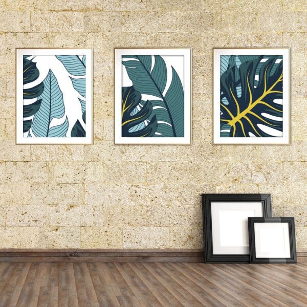Quadro mdf délicat dourado 45x96 folhas tropicais mod 186 - 2
