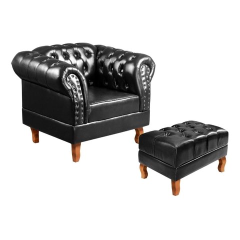 Kit Poltrona com Puff Decorativo Chesterfield Capitonê Dom Pedro - Couríssimo Preto